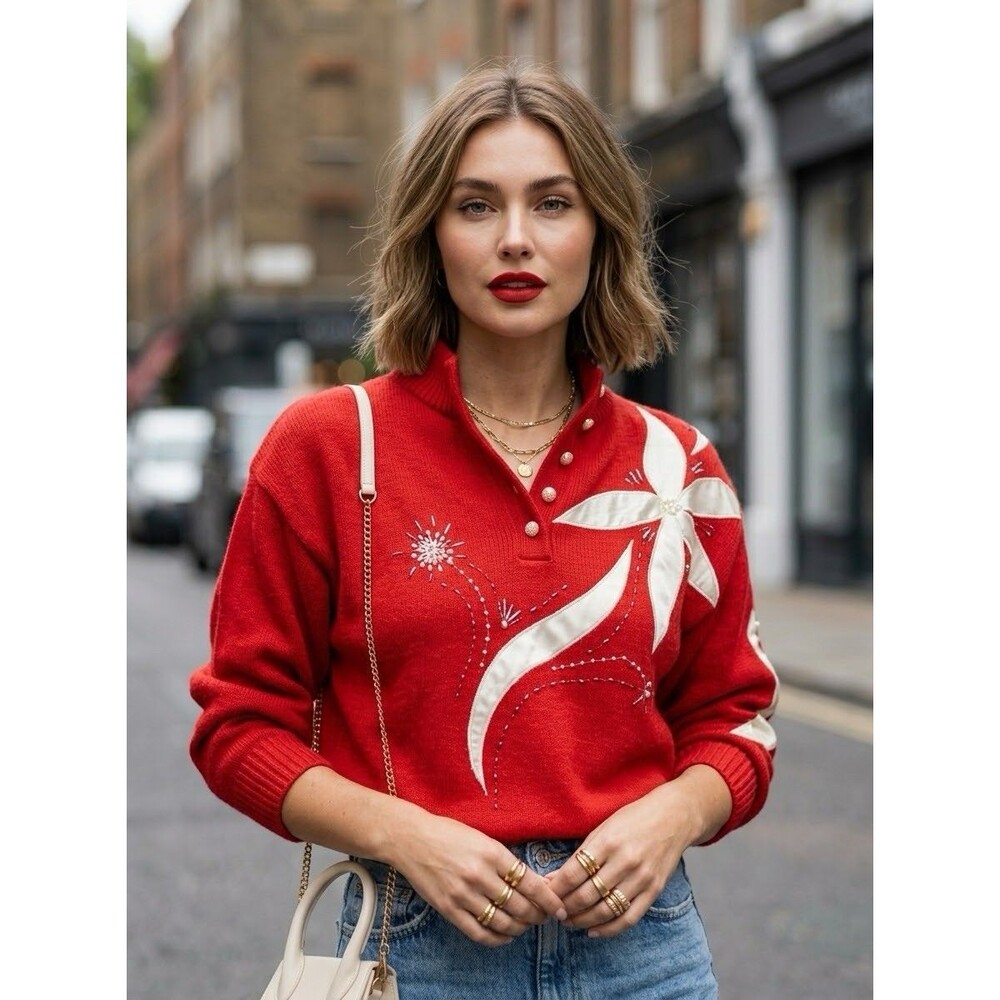 Vtg 80s Beaded Applique Red Sweater Pearl Buttons Shoulder Pad Beverly Goldberg